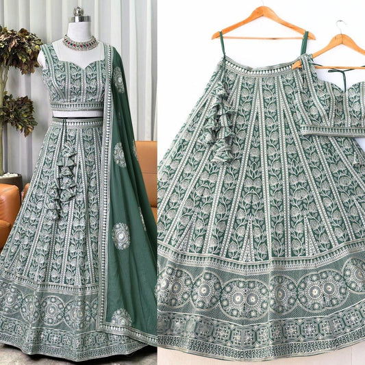 Elegant Green Embroidered Lehenga Choli Set with Traditional White Threadwork and Matching Dupatta