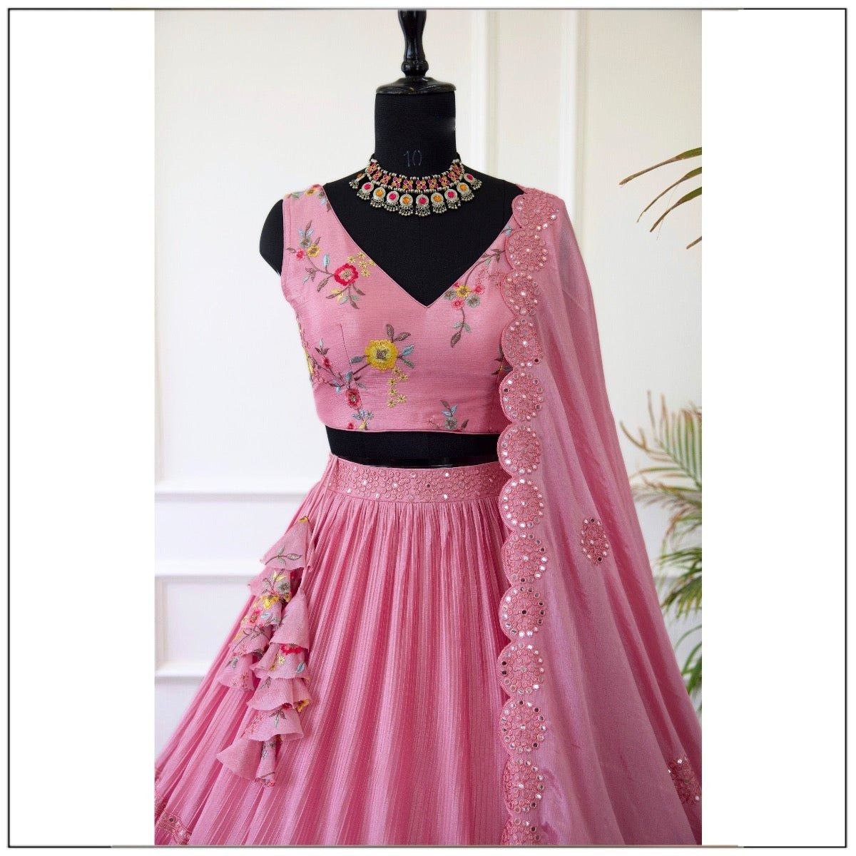 Pink color Crush with Embroidery work Ruffle Style Lehenga Choli