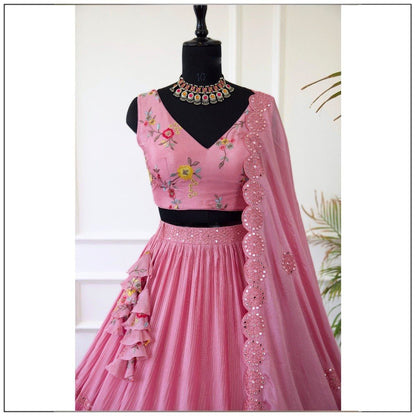 Pink color Crush with Embroidery work Ruffle Style Lehenga Choli