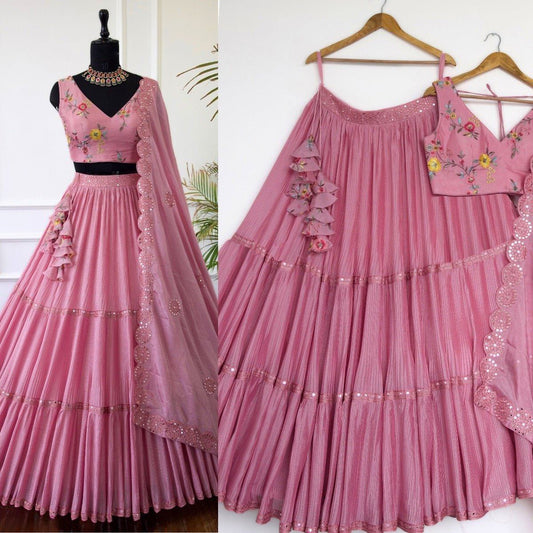 Pink color Crush with Embroidery work Ruffle Style Lehenga Choli