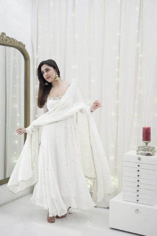 Tishya Beautiful Designer Hand work White Anarkali Set