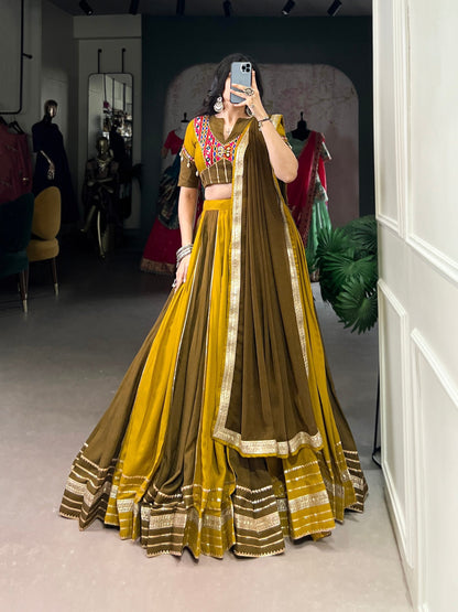 Navrang Mustard & Olive with Embroidered Mirror Neckline Navratri Lehenga