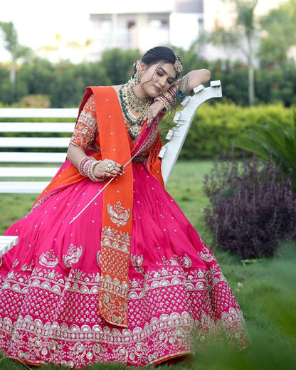 Radha Blush Embroidered Rani Lehenga with Saffron Dupatta
