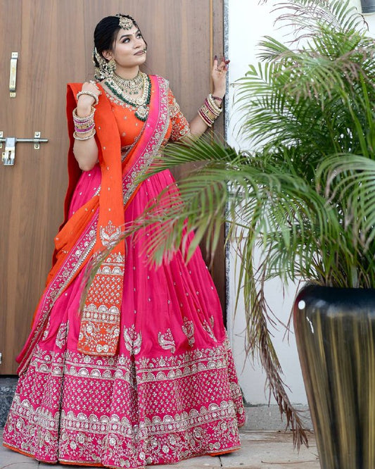 Radha Blush Embroidered Rani Lehenga with Saffron Dupatta