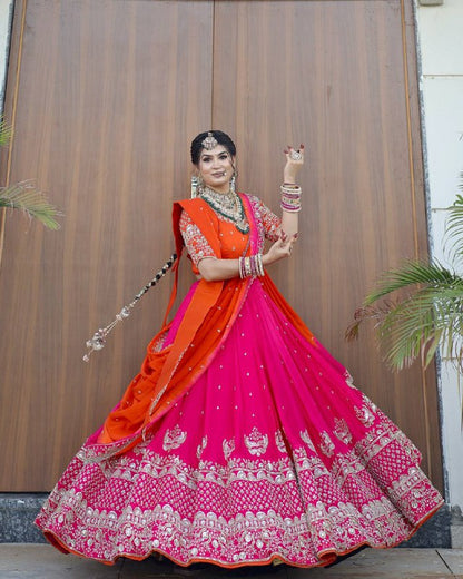 Radha Blush Embroidered Rani Lehenga with Saffron Dupatta