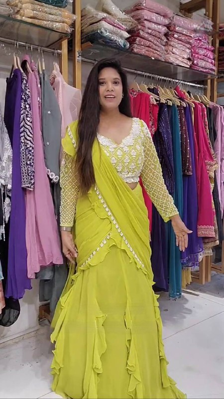ZestGlow Lime Yellow Long Sleeves Ruffle Lehenga Saree