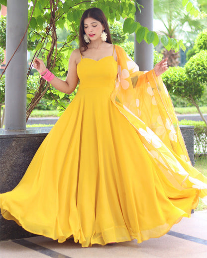 NEON COLOR SOFT GEORGETTE ANARKALI GOWN WITH FLORAL PRINTED DUPATTA