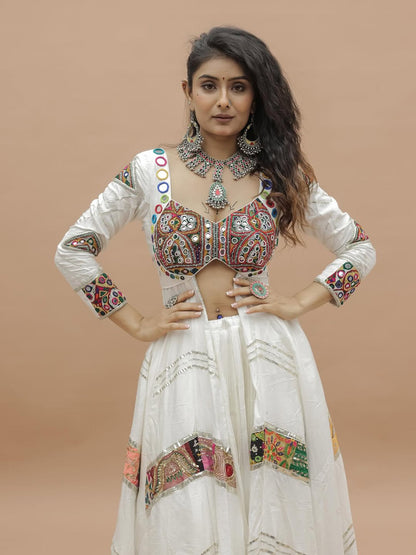 “Aarvi’s White Patchwork Mirror Navratri Choli