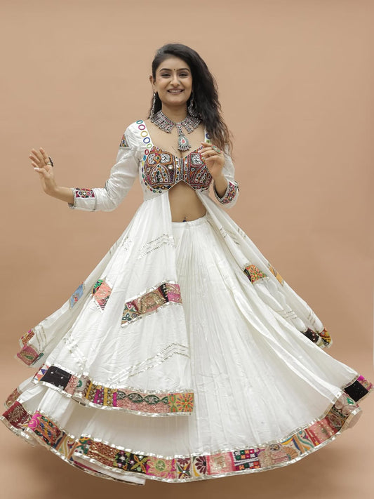 “Aarvi’s White Patchwork Mirror Navratri Choli