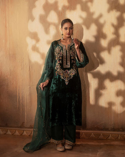 Elegant green velvet suit with golden embroidery and dupatta