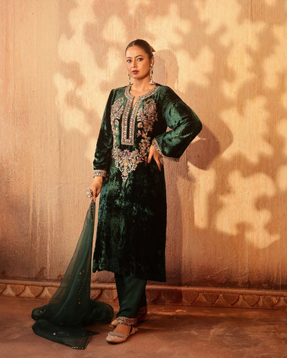 Elegant green velvet suit with golden embroidery and dupatta