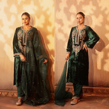 Elegant green velvet suit with golden embroidery and dupatta