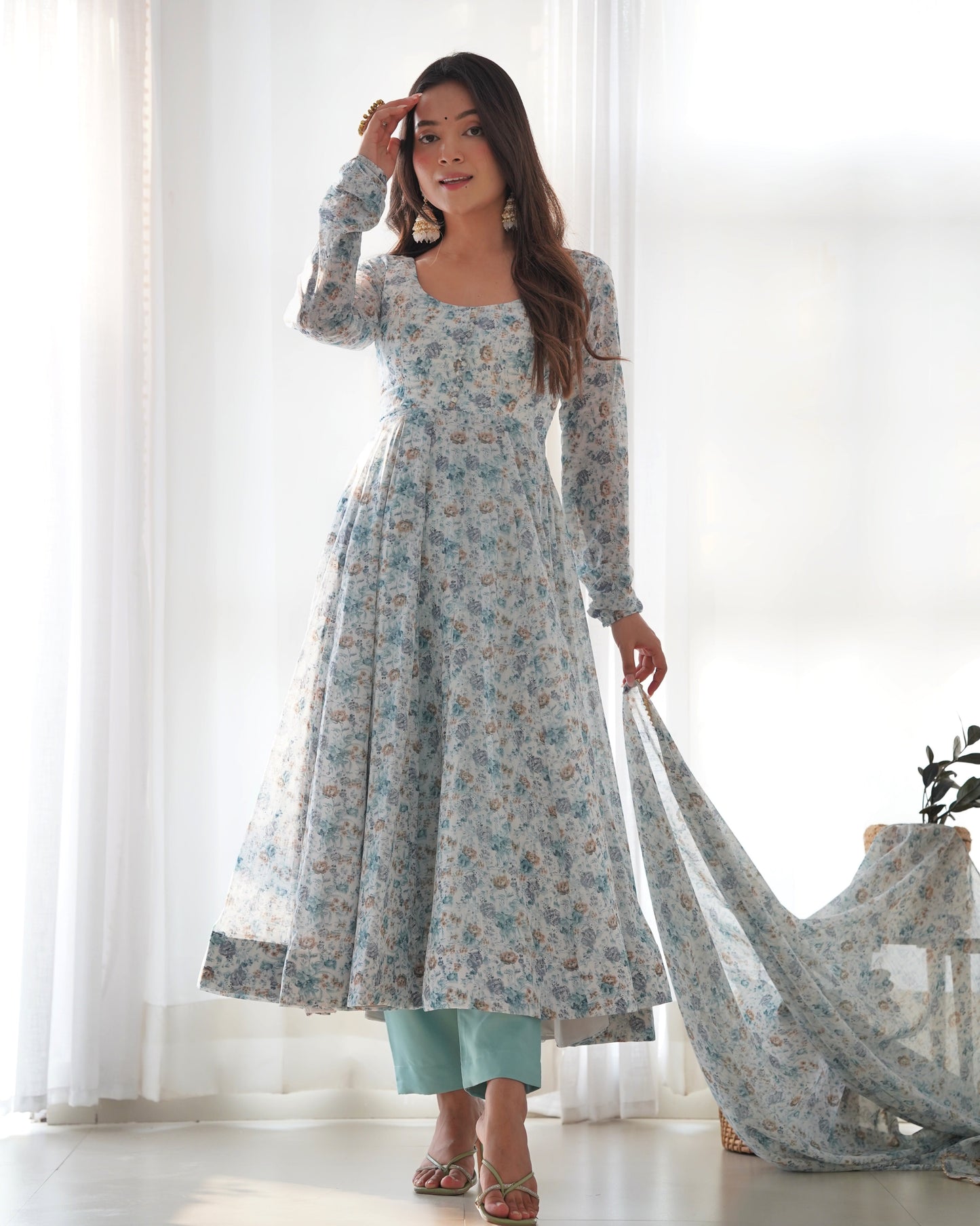 Parmavathi Sky Floral Printed Long Designer Anarkali With Dupatta And Pant