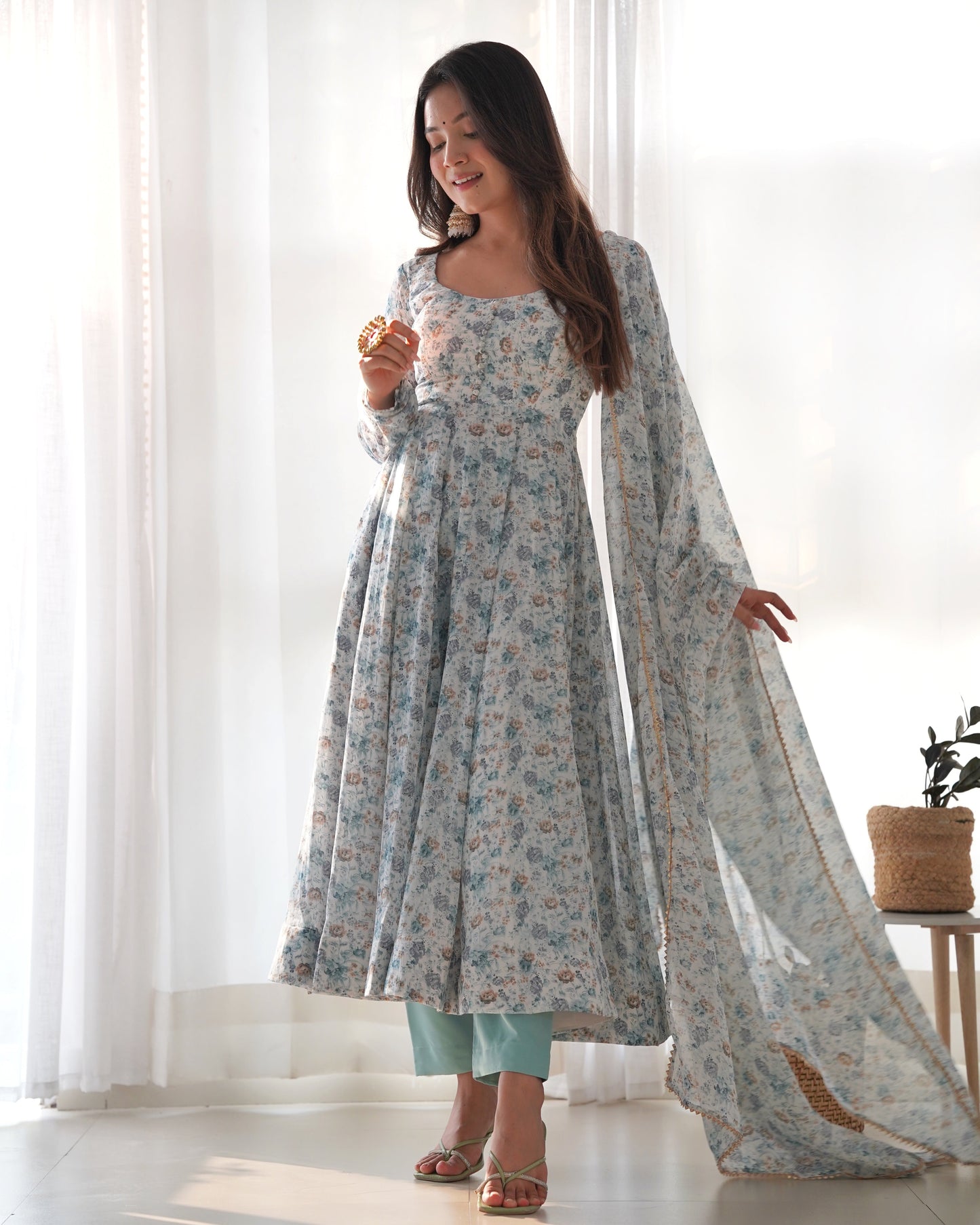 Parmavathi Sky Floral Printed Long Designer Anarkali With Dupatta And Pant