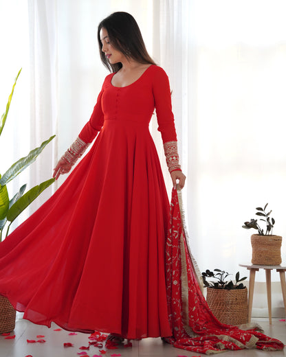 Jelina Red Color Soft Georgette With Embroidery Work Dupatta Anarkali Gown