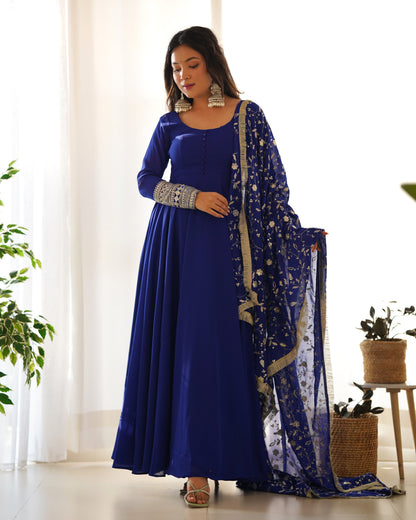 Blue Color Soft Georgette With Embroidery Work Dupatta Anarkali Gown