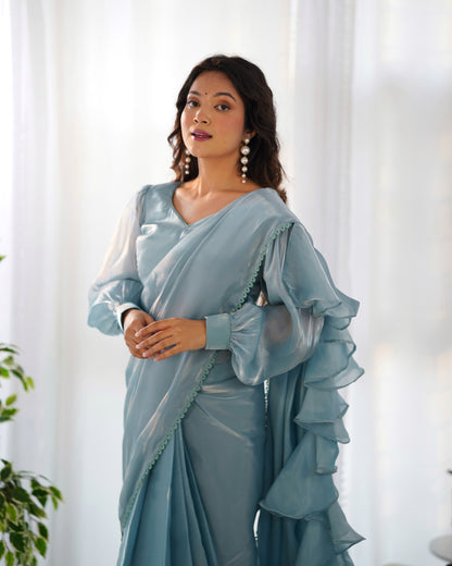 Ice Grey Ready-To-Wear Jimmy Choo Organza Saree With Ruffle