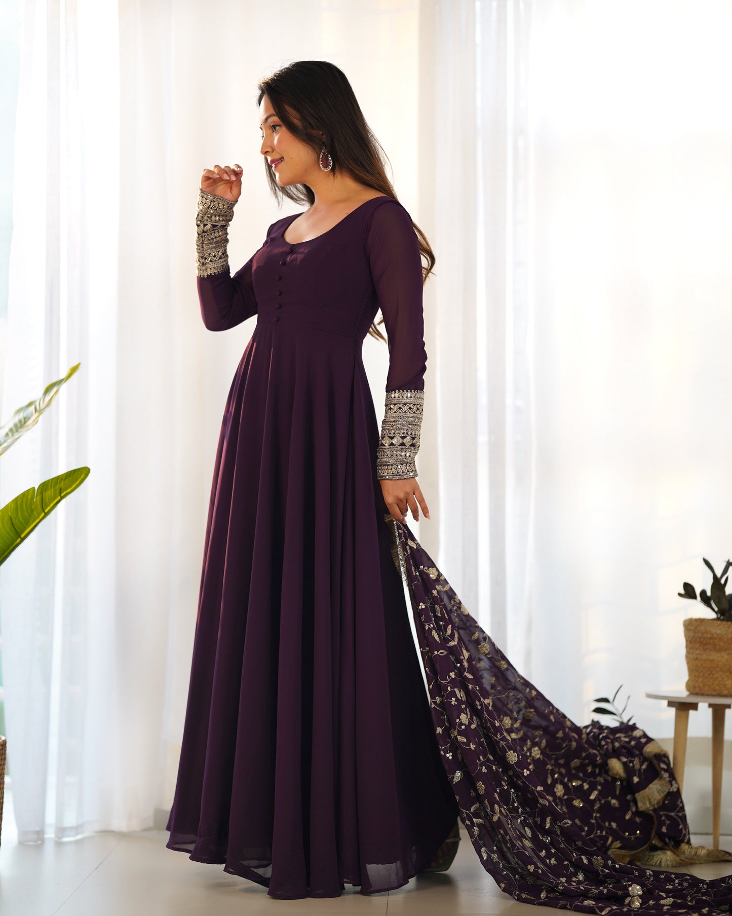 Wine Color Soft Georgette With Embroidery Work Dupatta Anarkali Gown