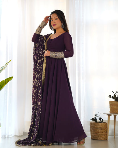 Wine Color Soft Georgette With Embroidery Work Dupatta Anarkali Gown