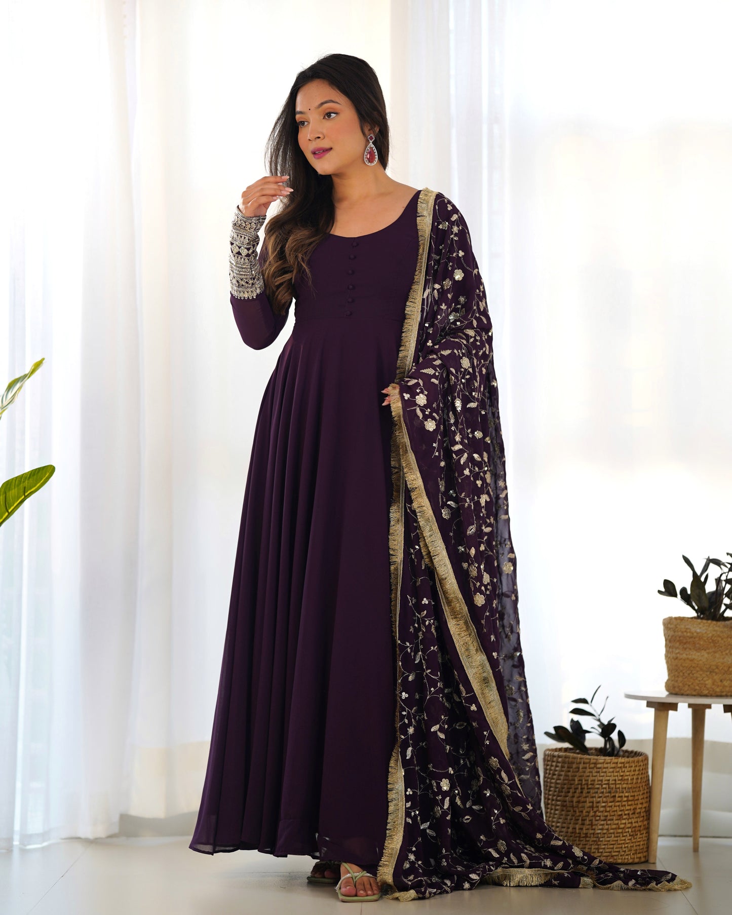 Wine Color Soft Georgette With Embroidery Work Dupatta Anarkali Gown