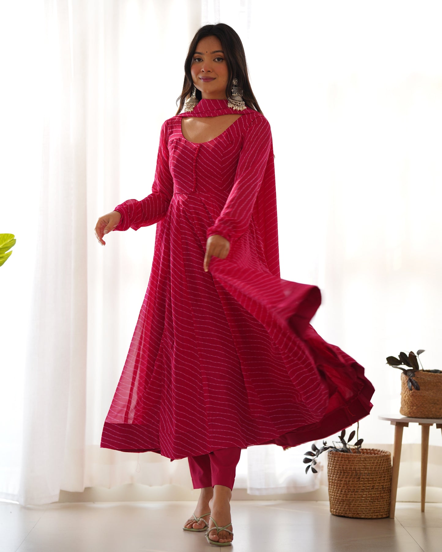 Exclusive Rani Pink Colour Laheriya Print Anarkali Set