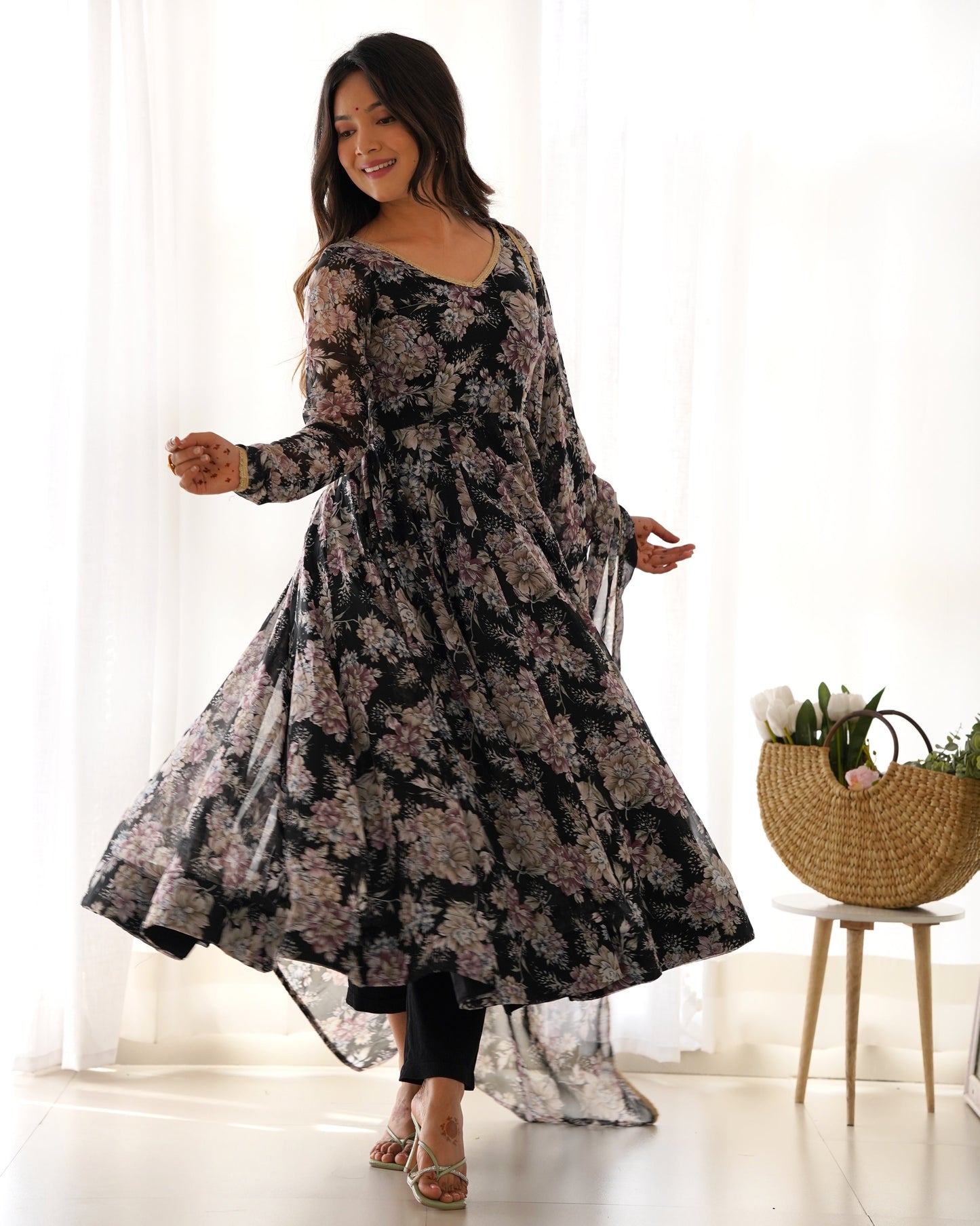 Enchanting Black Georgette Reception Wear Printed Anarkali Gown