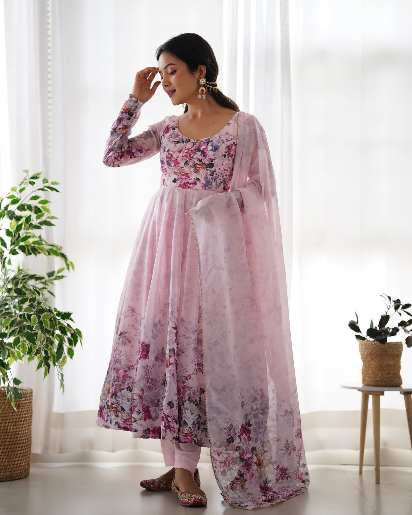 Baby Pink Color Floral Organza Gown With Dupatta & Pant