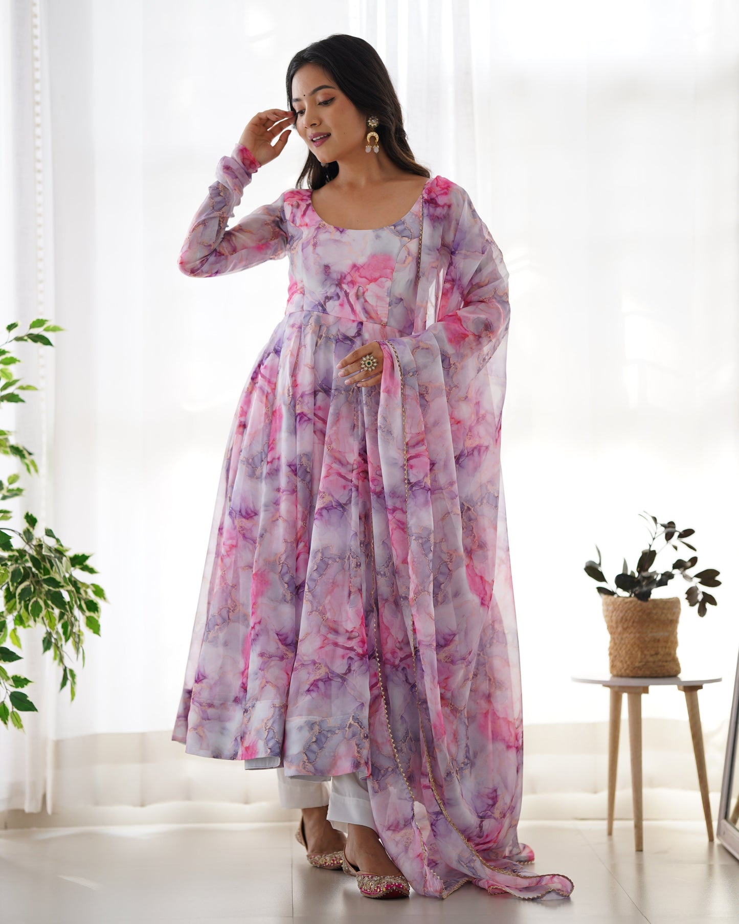 Flux Organza Silk Floral Printed Anarkali Kurti Set