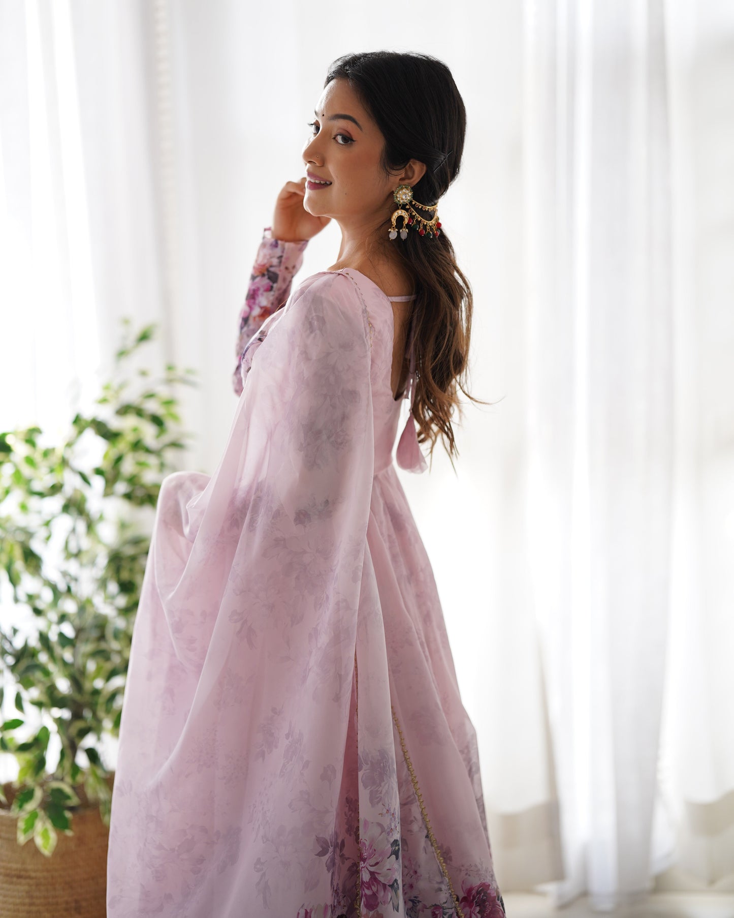 Baby Pink Color Floral Organza Gown With Dupatta & Pant