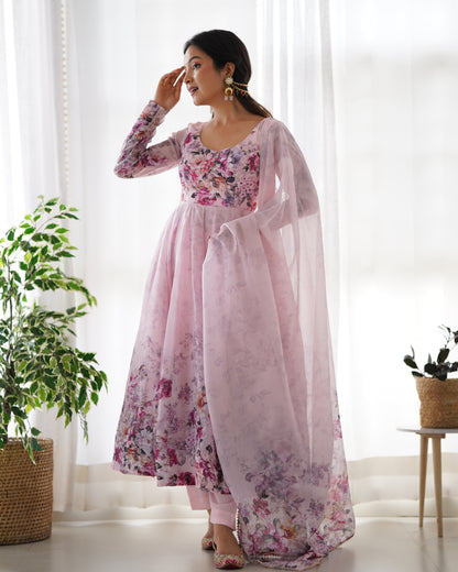 Baby Pink Color Floral Organza Gown With Dupatta & Pant