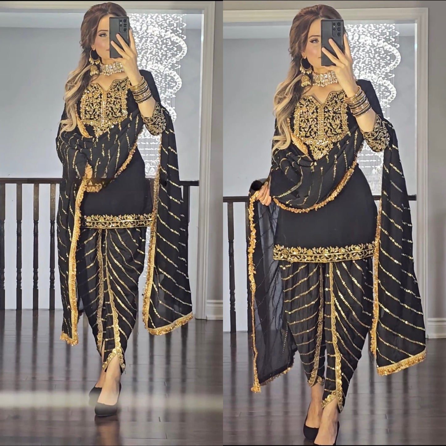 "Black and Gold Dhoti Patiyala Suit with Intricate Embroidery"