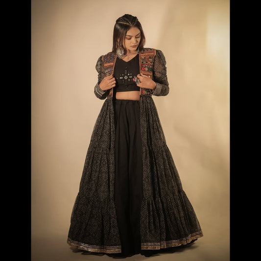 Ruhi Black Bandhani Vibrant Kutchi Shrug Lahenga Set