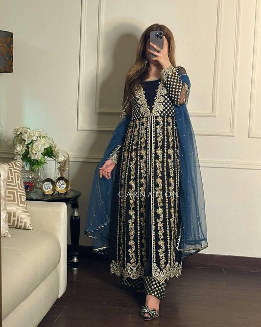 Regal Velvet Anarkali Ensemble with Golden Threadwork