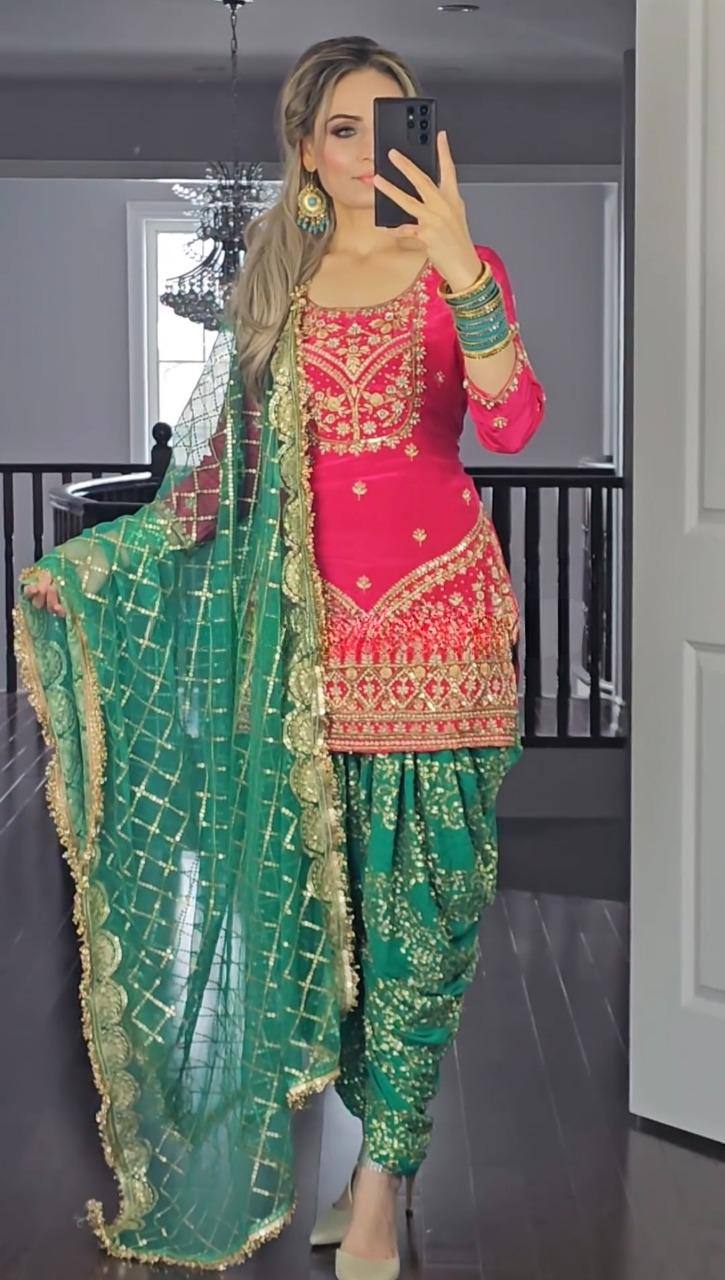 Elegant Pink and Green Traditional Punjabi Outfit