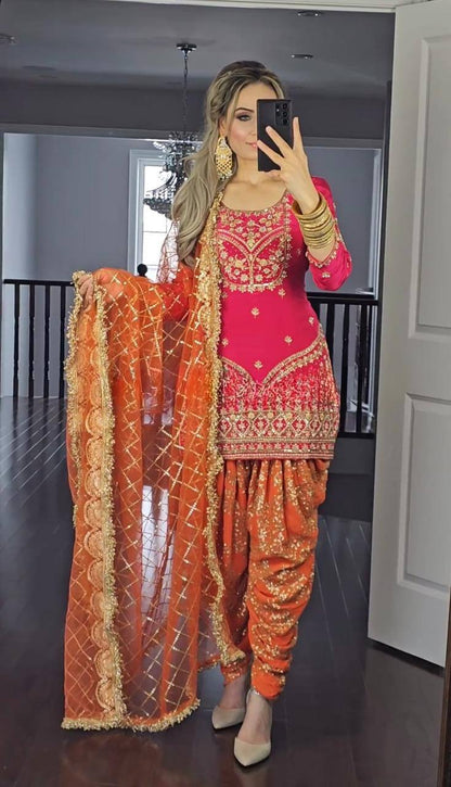 Pink and Orange Dhoti Suit with Gold Detailing