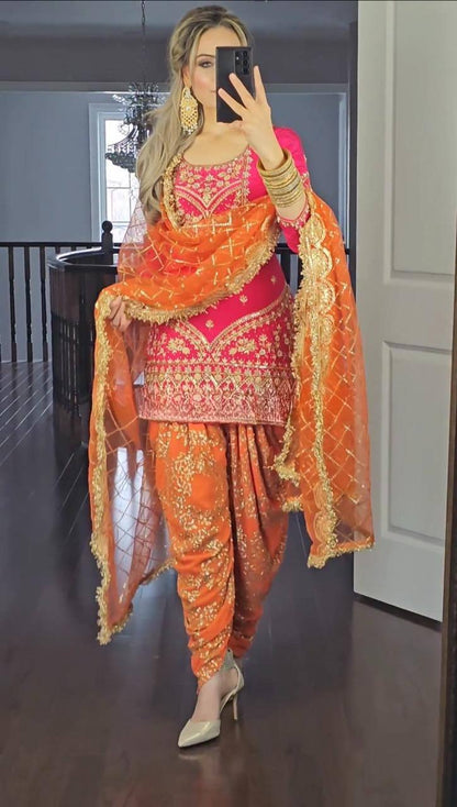 Pink and Orange Dhoti Suit with Gold Detailing