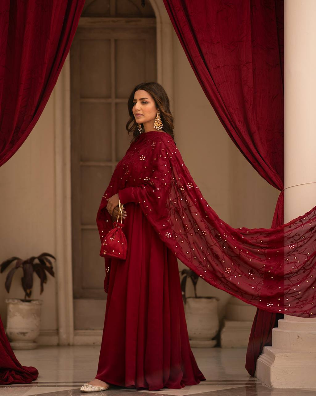 Glamorous Maroon Roman Cotton Anarkali Suit Set