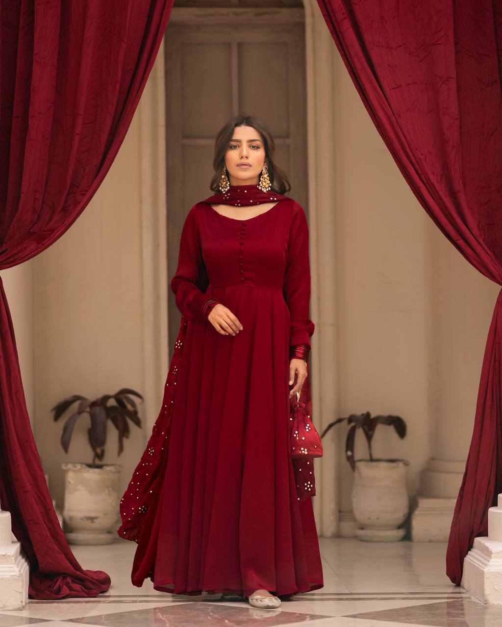 Glamorous Maroon Roman Cotton Anarkali Suit Set