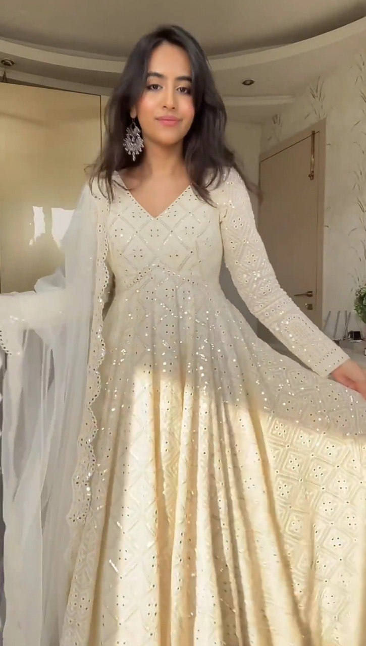 Kanika White Embroidered Georgette Anarkali Suit Set