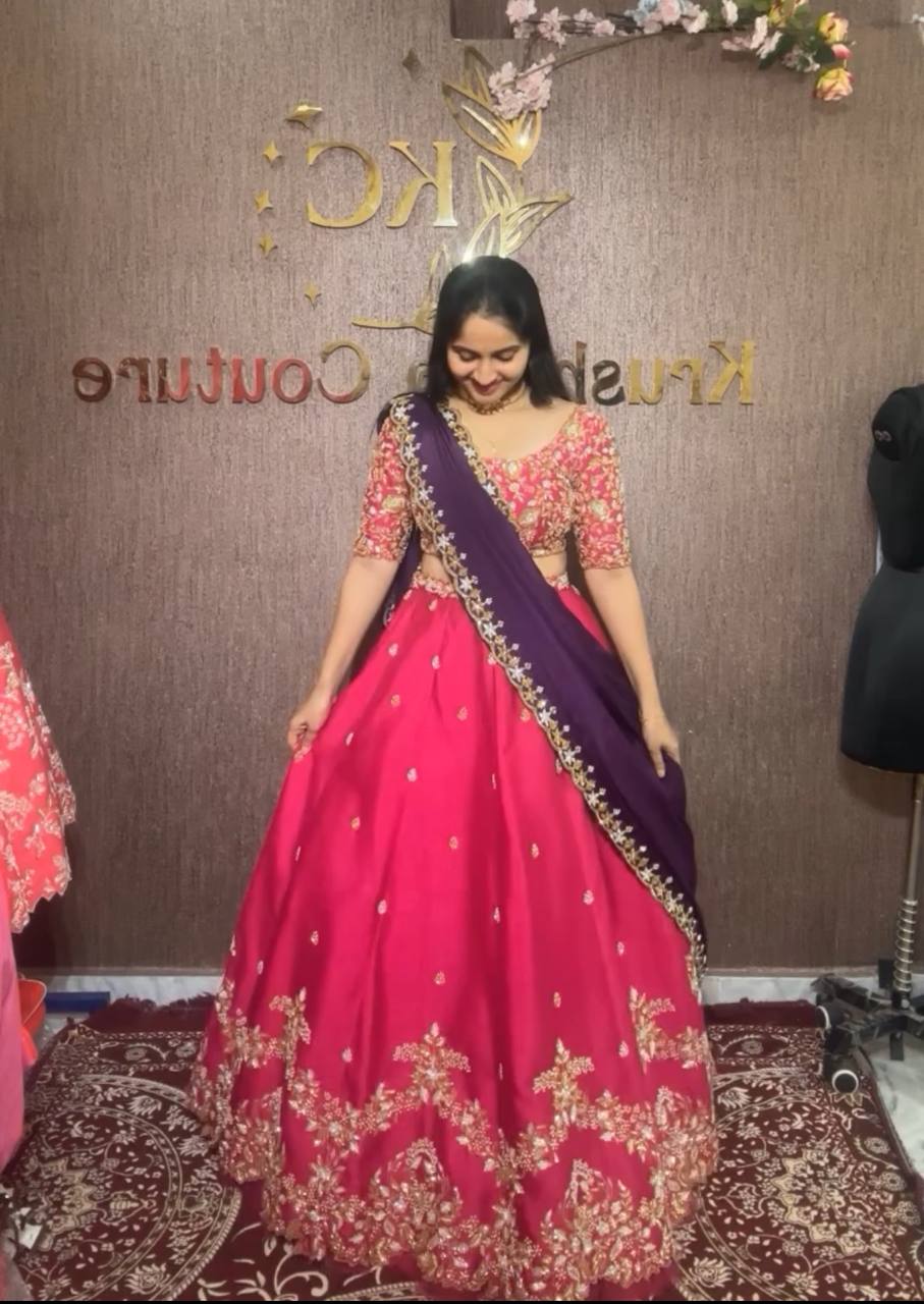 Pink Lehenga Choli With Readymade Blouse in Chinon Indian Designer Lehenga