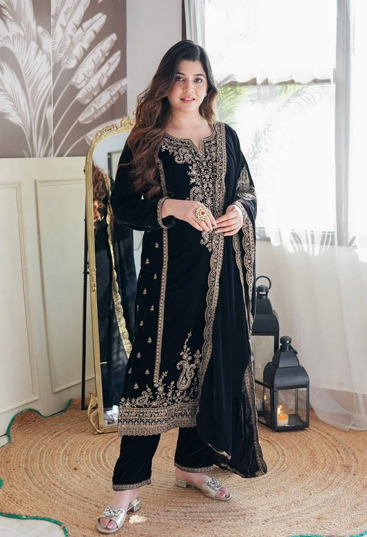 Royal Black Velvet Attire with Embroidered Borders