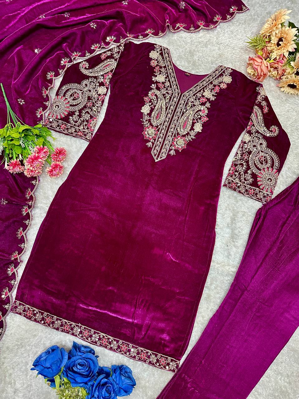 Wine Color Pure Velvet Suit For This Winter