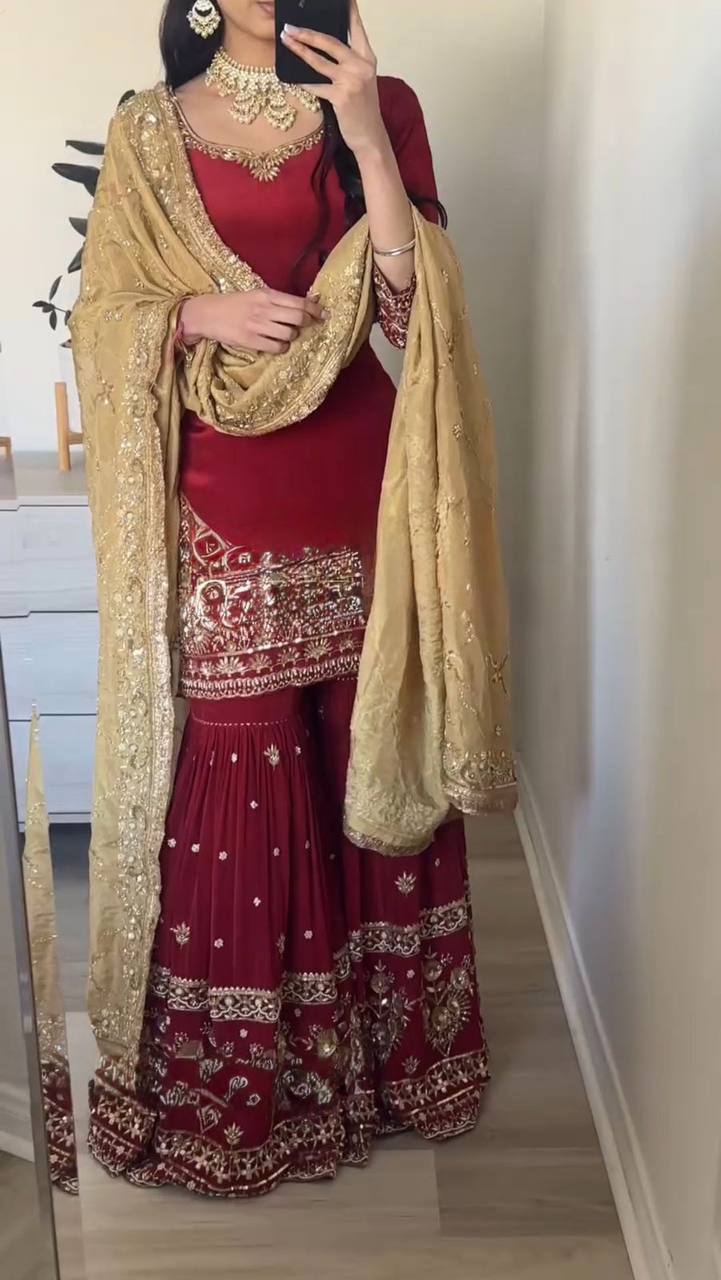 Marron Embroidered Sharara Set with Dupatta