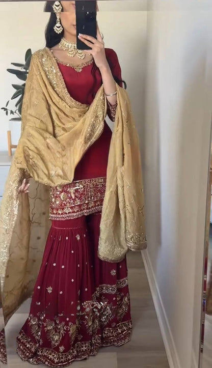 Marron Embroidered Sharara Set with Dupatta