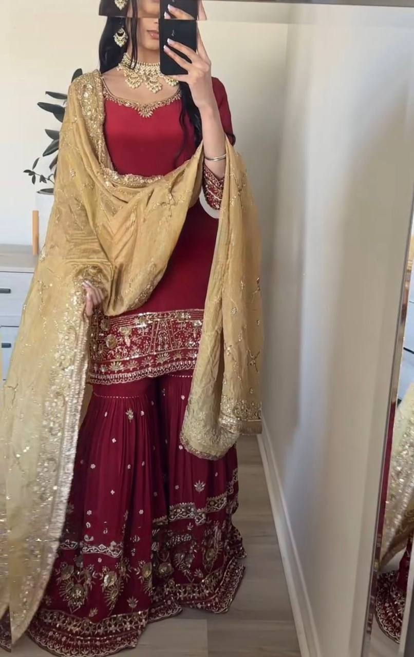 Marron Embroidered Sharara Set with Dupatta