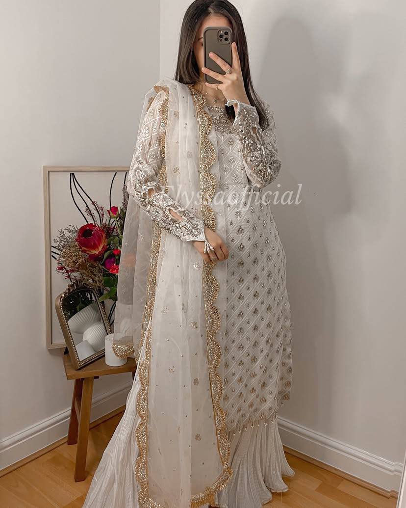 Maahim Gold Embroidered Luxury Ensemble Sharara Suit